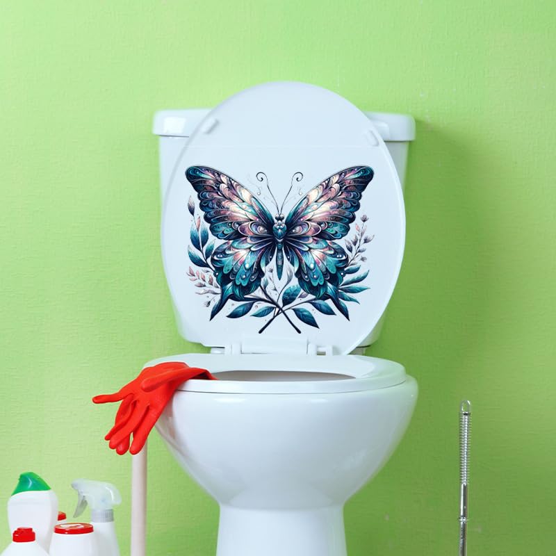 Colorful Butterfly Flower Toilet Cover Sticker Decals,Fish Bird Flower Leaf Waterproof Toilet Lid Tank Seat Decals Cistern Self-Adhesive Bathroom