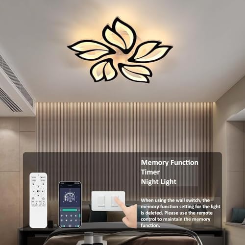 Modern Dimmable LED Chandelier, Creative 5-Head Petals LED Ceiling Lamp with Remote Control, 45W Metal Acrylic Ceiling Chandelier Lighting Fixture for Living Room Bedroom Children's Room