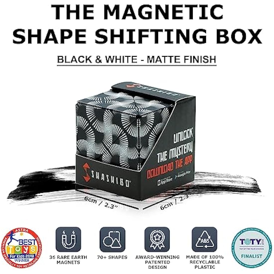 SHASHIBO Shape Shifting Box - Award-Winning, Patented Fidget Cube w/ 36 Rare Earth Magnets - Transforms Into Over 70 Shapes (Black & White)
