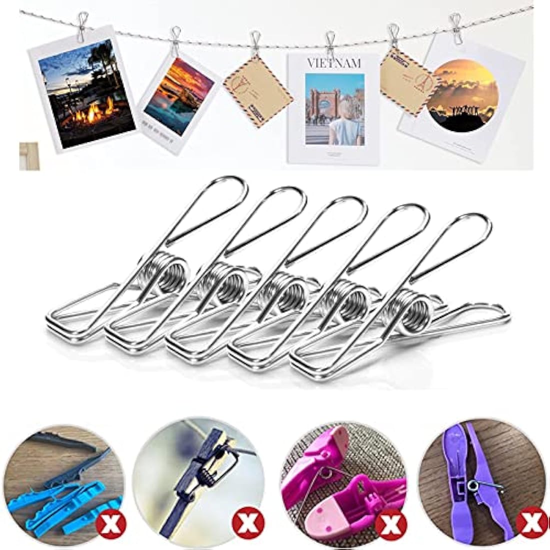 Skroad 48 Pack Clothes Pegs, Stainless Steel Laundry Hanging Clothesline Clips for Clothes, Paper Files, Snacks Seal