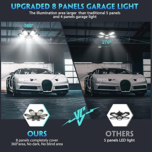DEEIRAO LED Garage Ceiling Light, 260W 26000LM 6500K Deformable with 8+1 Adjustable Panels Commercia Bay Lamp for E26/E27 Screw Socket,Basement,Barn,Workshop,Attic (2 Packs)