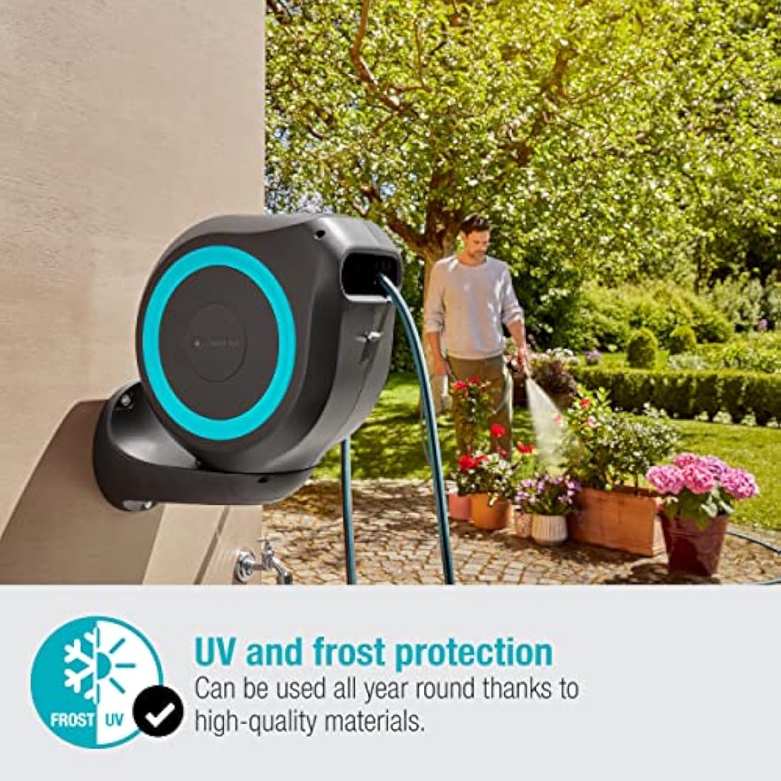 Gardena Wall-Mounted Hose Box Rollup M 20 m: Flexible Watering for Medium-Sized Gardens, Swivel Hose Reel, with Wall Bracket, System Parts and Nozzle, Including 20 m Gardena Hose (18610-20)