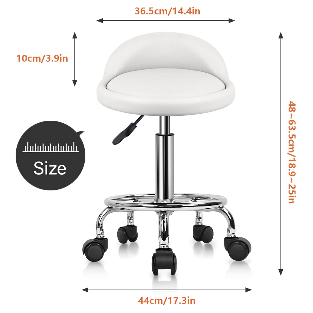 KKTONER PU Leather Round Rolling Stool with Foot Rest Height Adjustable Swivel Drafting Work SPA Task Chair with Wheels (White)