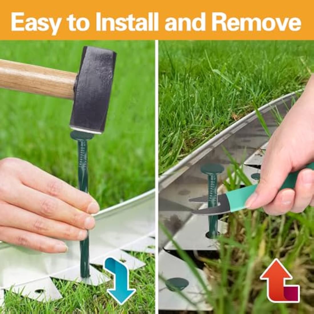 Bakulyor 100 Pack Metal Landscape Stakes, 8 Inch Artificial Grass Spikes, 6 Gauge Large Landscaping Staples, Green Edging Anchor Stake for Garden Ground Grass Lawn Paver Timber Border Weed Barrier 8"