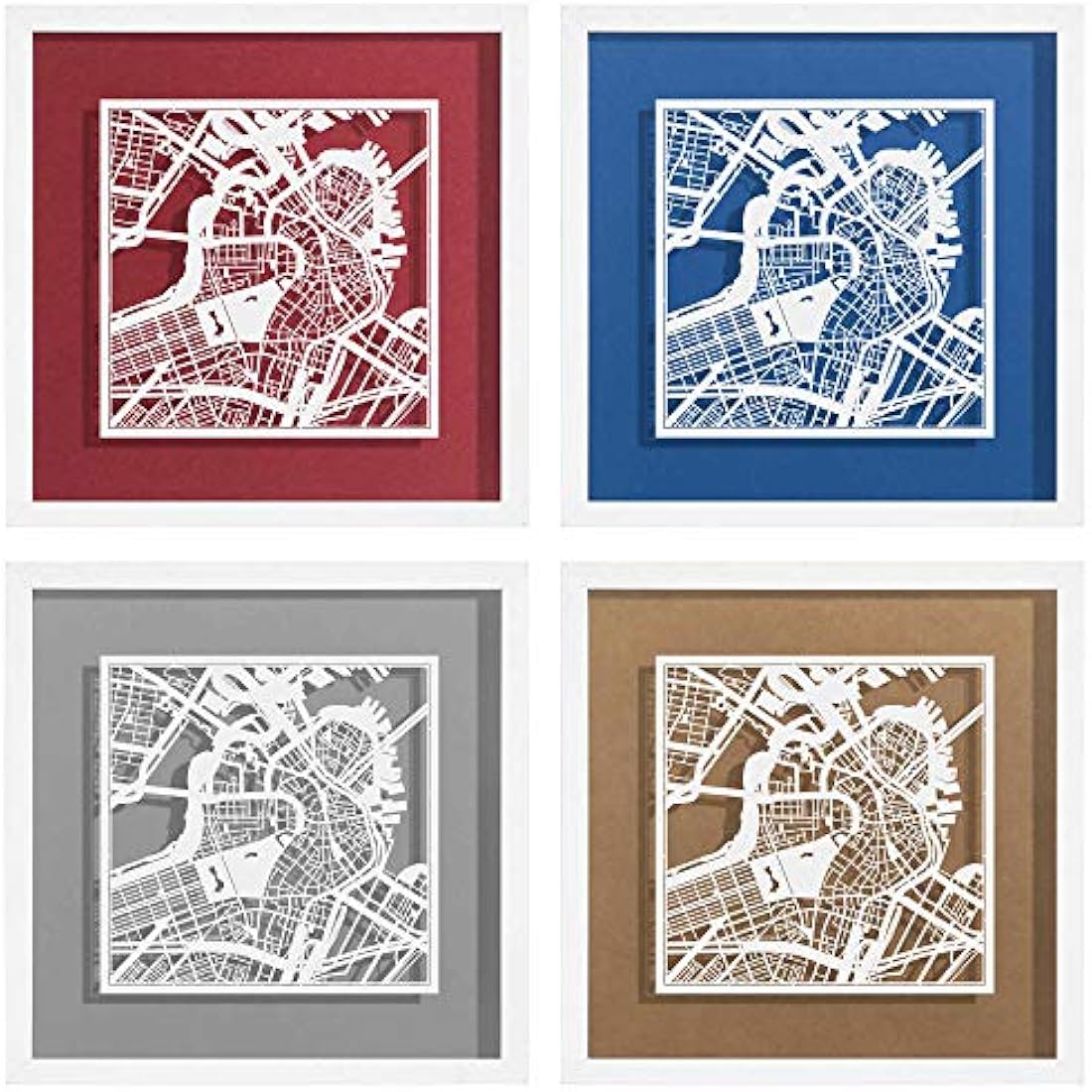 O3 DESIGN STUDIO Boston Paper Cut Map framed, White map, White frame, 9x9 inches, Gift Boxed, 4 background color, self-changing, Paper Art