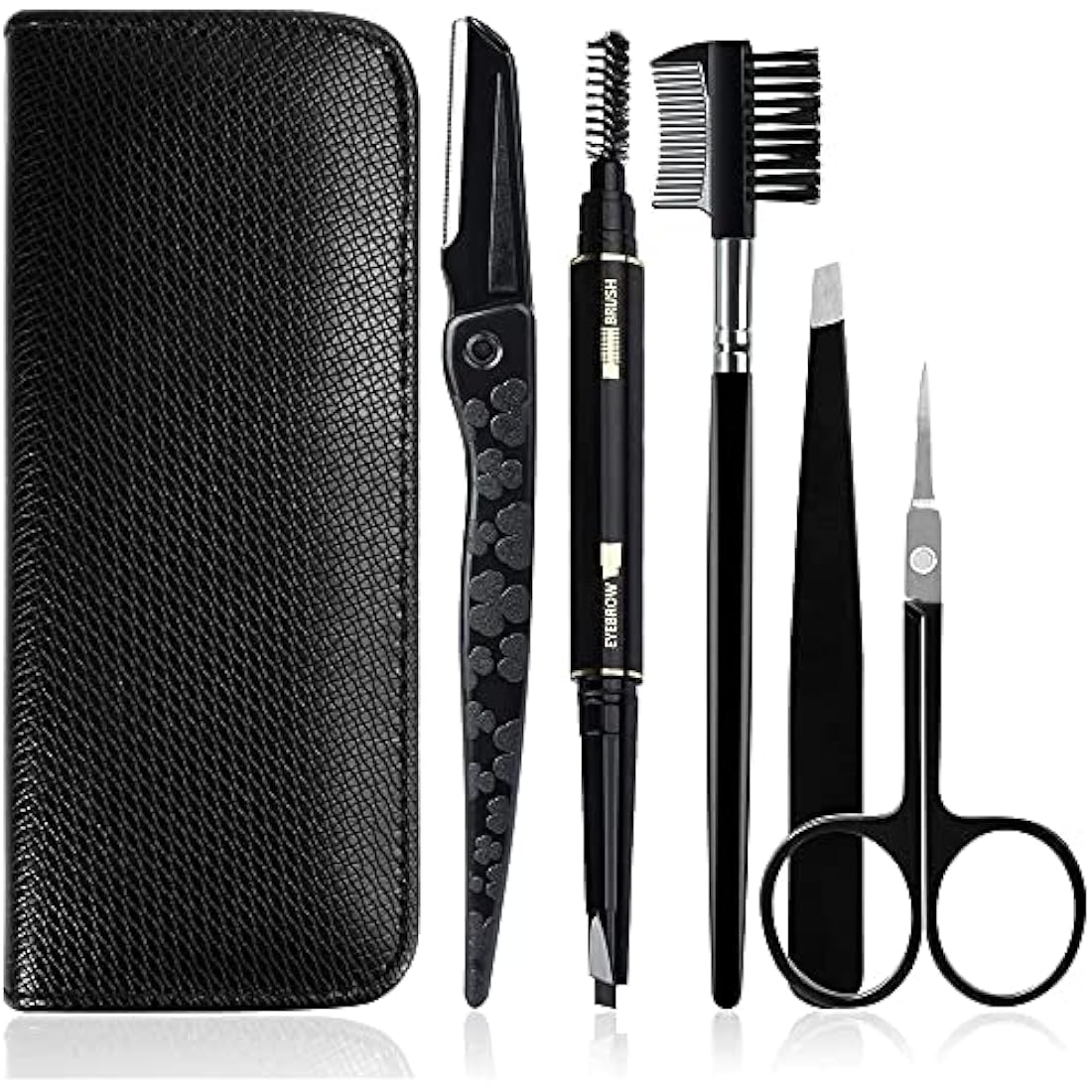 Gibot Stainless Steel Eyebrow Grooming Kit - 5pcs Set with Tweezers, Scissors, Brush Comb, Pencil, Razor and Travel Case for Women and Men, Black