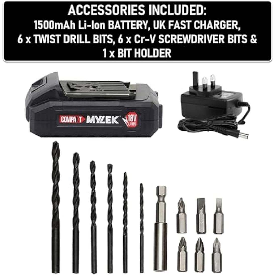 MYLEK MYW09 18V Cordless Drill Electric Screwdriver Set, Powerful Lithium Ion Battery Pack, 18 Volts Combi Driver, DIY Accessory Kit, Black