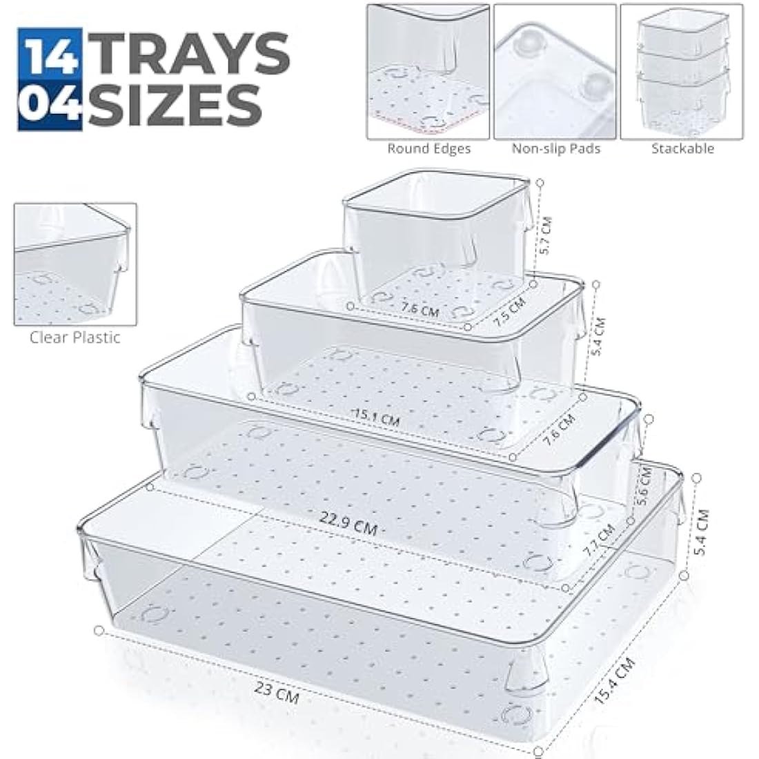 SMAZIUL 14 Pcs Clear Drawer Organiser with 4 sizes Desk Organizer ideal for organizing, cosmetics, makeup, jewelry, office supplies, bathroom accessories & much more