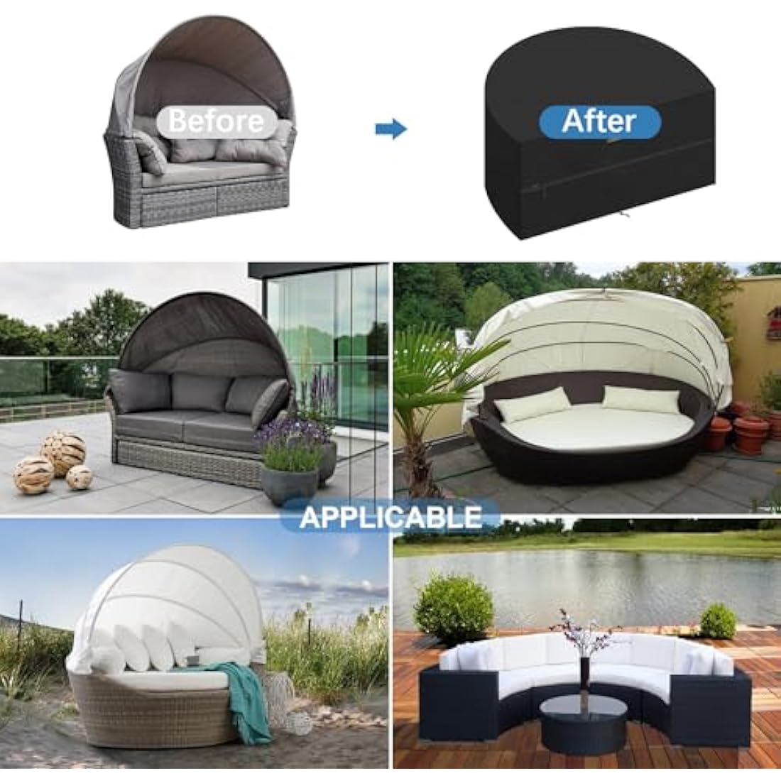 VANSHEIM Outdoor Daybed Cover - Waterproof Garden Furniture Cover - 420D Semi Circle Day Bed - 230x120x100cm