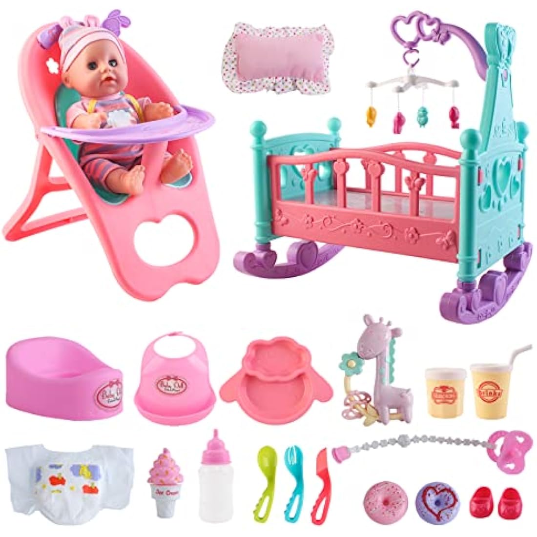 deAO ‘My First Baby Doll’ Play Set Includes Miniature Crib, High Chair, Feeding Accessories - 21 Pieces Toy Play Set (Baby Doll Included)