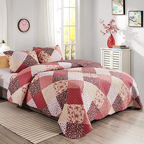 Qucover Quilted Bedspread Super King 250x270cm, Multicolour Print Bright Red Pink Beige Patchwork Quilt with 2 Pillow Shams, Lightweight Soft