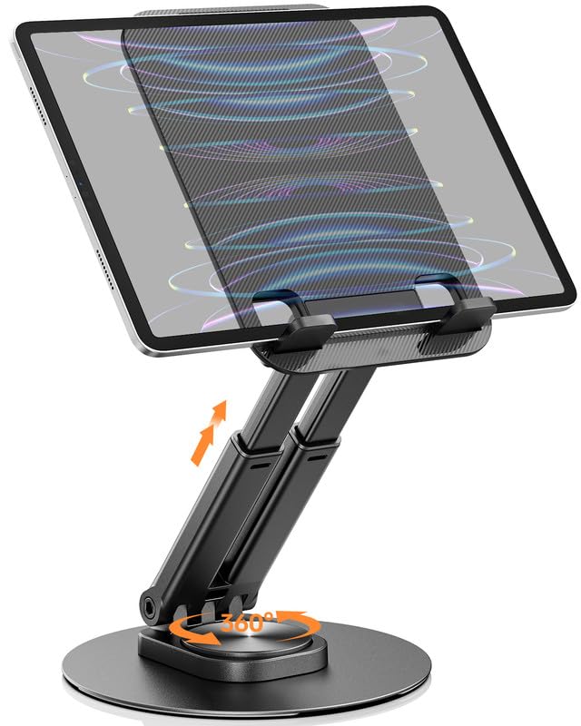 Rotating & Portable Tablet Stand - Klearlook Adjustable Height/Angle Foldable iPad Stand for 4-13" Tablet, Aluminum Phone Tablet Holder Compatible
