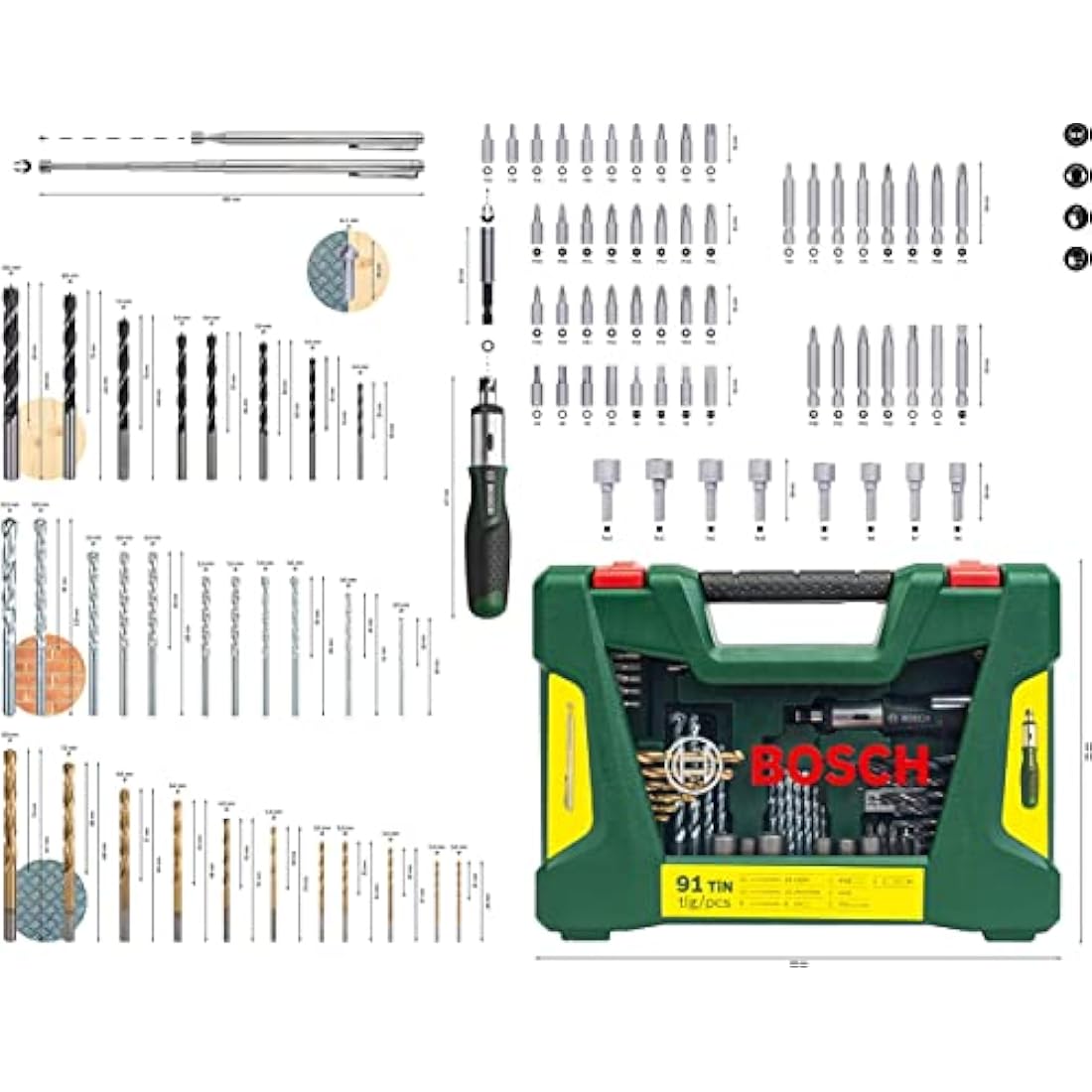 Bosch 2607017195 91-Piece Titanium Drill and Screwdriver Bit Set, V-Line (for Wood, Masonry and Metal, Including Ratchet Screwdriver and Magnetic Rod, Accessories for Drills and Screwdrivers), Green