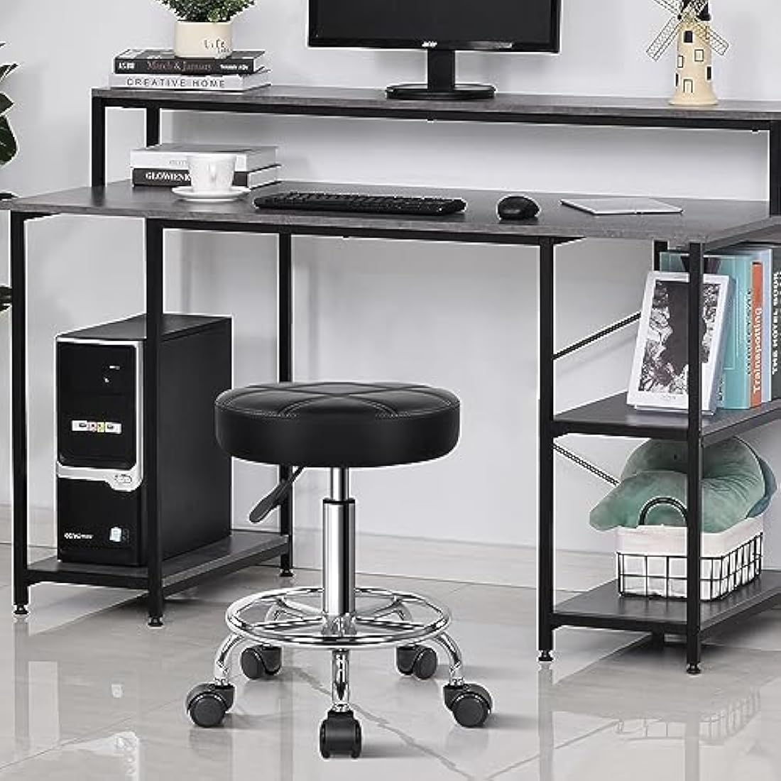 KKTONER Round Rolling Stool Chair PU Leather Height Adjustable Swivel Drafting Work SPA Shop Salon Stools with Wheels Office Chair Small (Black)
