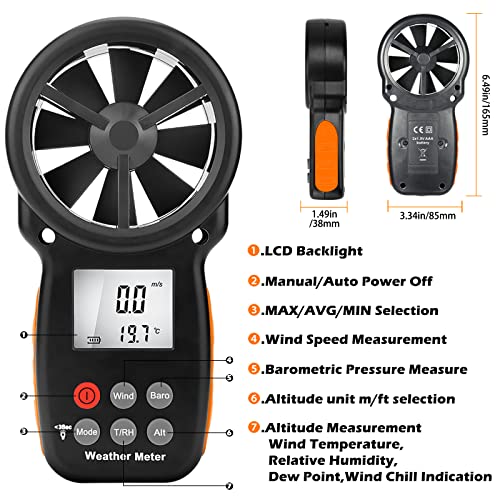 LYCEBELL Digital Anemometer Barometer, Handheld Wind Speed Meter for Wind Velocity, Wind Chill, Humidity, Altitude, with Backlight LCD, Barometric