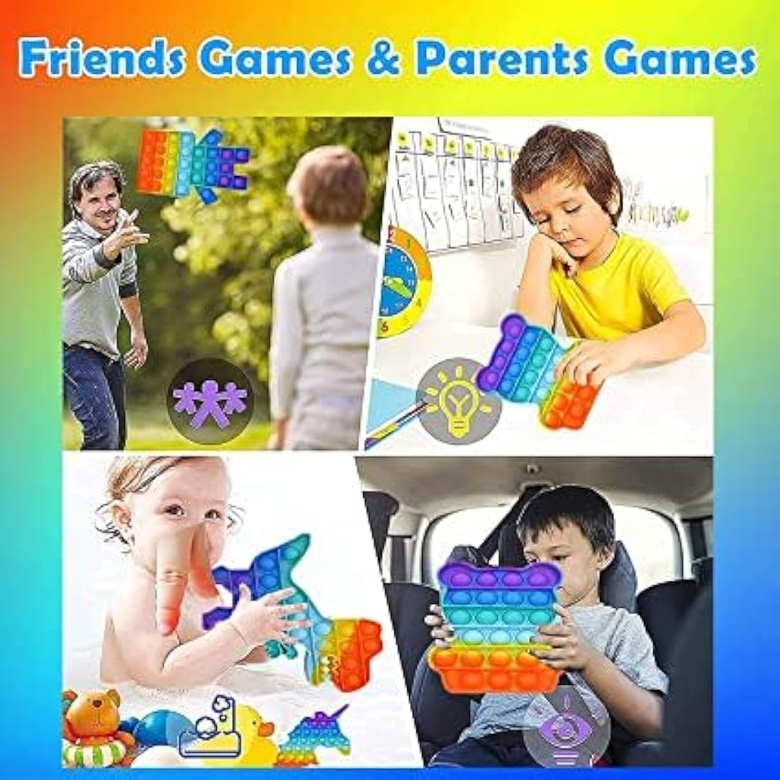 Fidget Toys Unicorn, Robot, Dinosaur ,Bear 4pc Multipack Set Squeeze Sensory Pop Bubble Toys For Kids ,Teens & Adults Autism & Special Needs Stress Reliever Push Pop Rainbow Poppet Toys