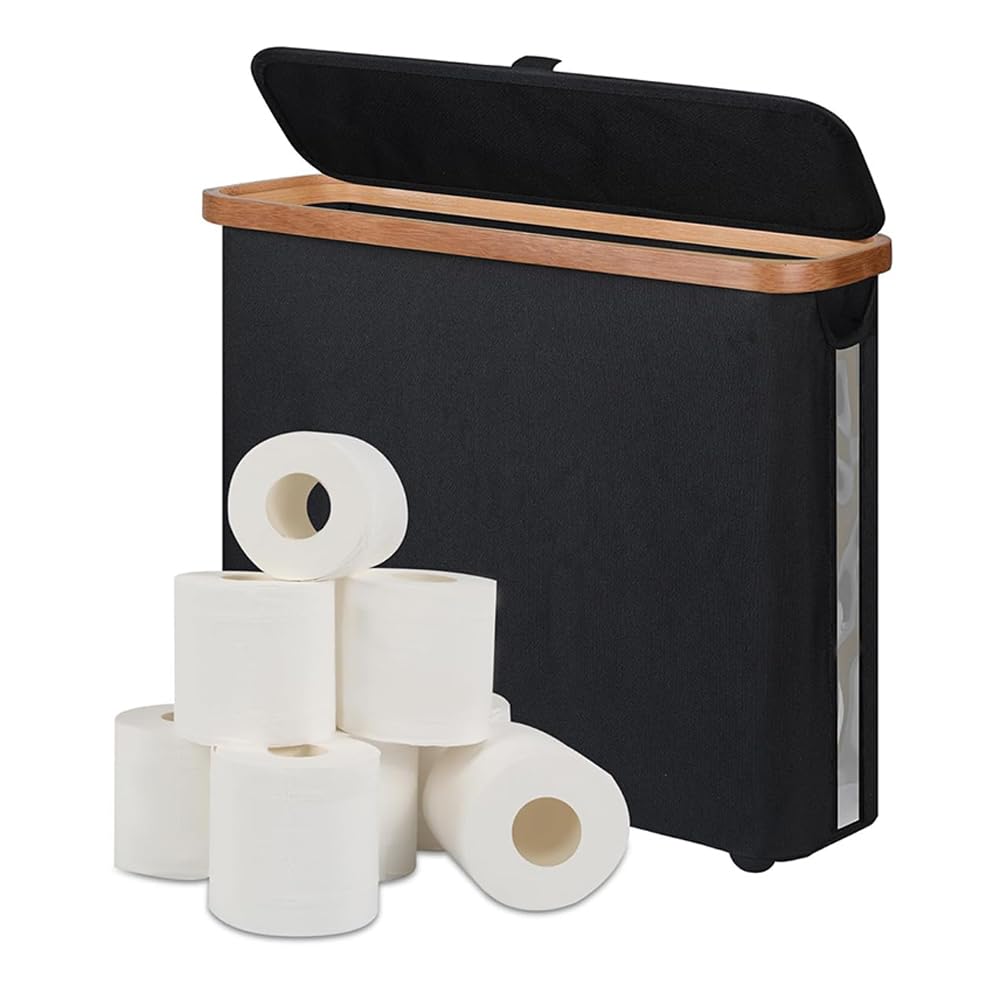 Freestanding Toilet Paper Holder with Bamboo Lid, 30L Toilet Roll Storage Box & Organiser for 12 Rolls, Space-Saving Bathroom Storage Basket (Black)