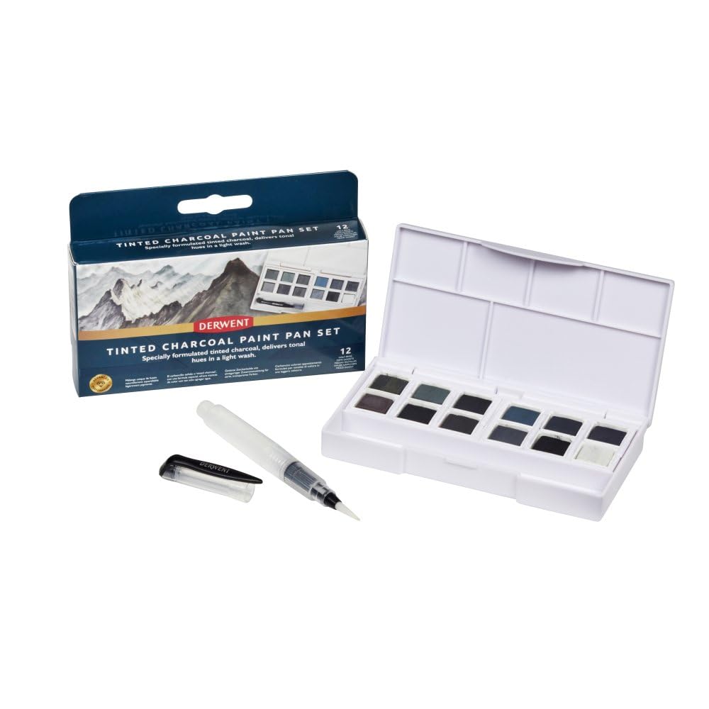 Derwent Tinted Charcoal Paint Pan Set, Set of 12, Half Pan Size, Water-Soluble, Ideal for Painting Landscapes, Professional Quality, Travel Size,