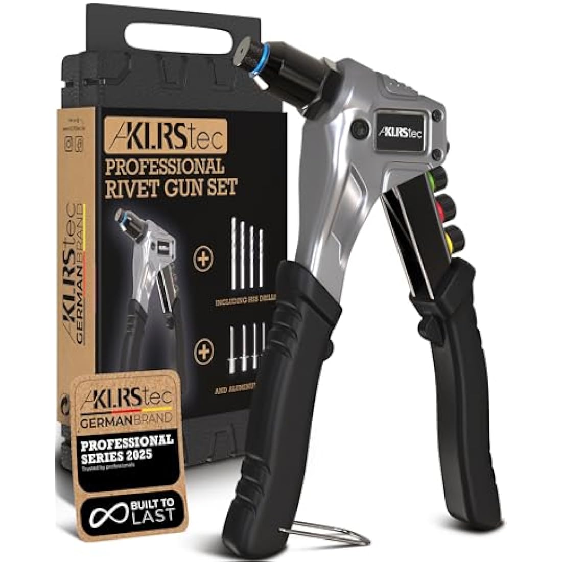 KLRStec® Professional Rivet Gun Kit incl. 120 Pop Rivets and 4 HSS Drills - High Quality Pop Rivet Tool Kit for Processing Pop Rivets
