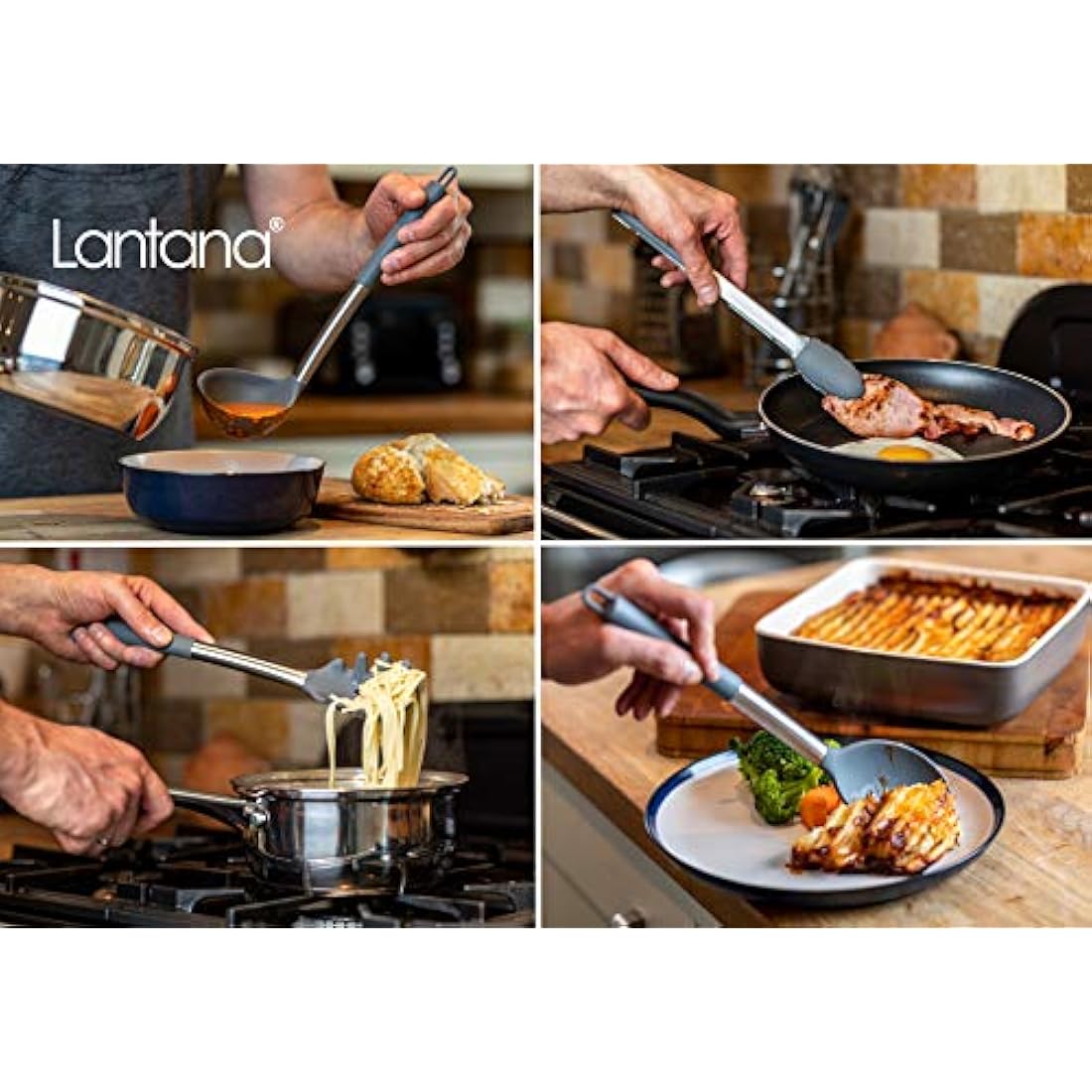 Lantana Premium 11pc Silicone Kitchen Utensil Set for Cooking and Baking in Sleek Grey and Brushed Stainless Steel. Includes; Tongs, Whisk, Spatula, Ladle, Potato Masher and More.