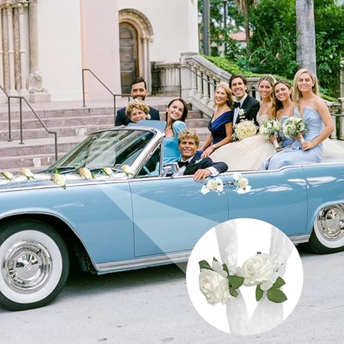 Nueva Vida Wedding Car Decoration, Silk Flowers for Your Wedding Car - 2 x 180 cm Garland for the Bonnet, Including 4 Door Handle Ribbons