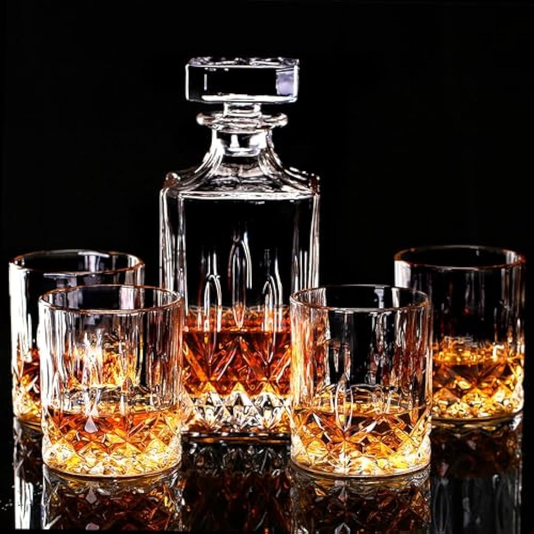 LIGHTEN LIFE 5 Piece Whiskey Decanter Set With 4 Glasses in Gift Box - Non-Lead Crystal for Bourbon, Scotch - Perfect for Men, Dad, Husband