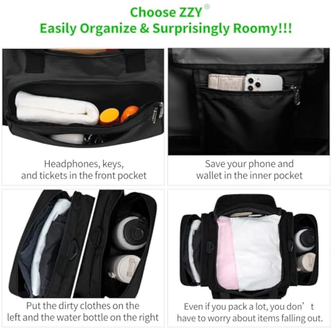 Sport Holdall Gym Duffle Bag with Shoulder Strap Overnight Weekender Bag for Men and Women (Black, 40L)