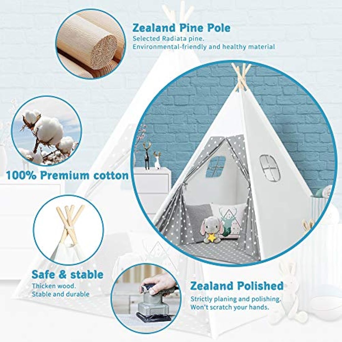 Wilwolfer Teepee Tent for Kids Foldable Children Play Tent for Girl and Boy with Carry Case 4 Poles White Canvas Playhouse Toy for Indoor and Outdoor Games (Grey Teepee Tent)