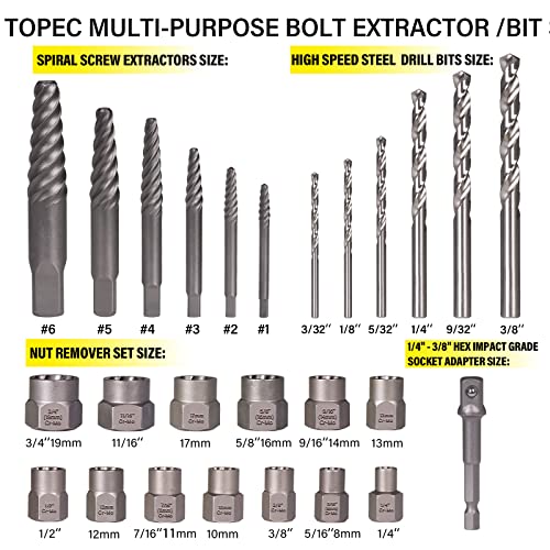 Topec Broken Bolt Extractor Set, 26Pcs Stripped Screw Extractor Kit with Drill Bits, Easy Out Tool Socket Set for Removing Damaged, Rounded, Rusted Nuts & Screws