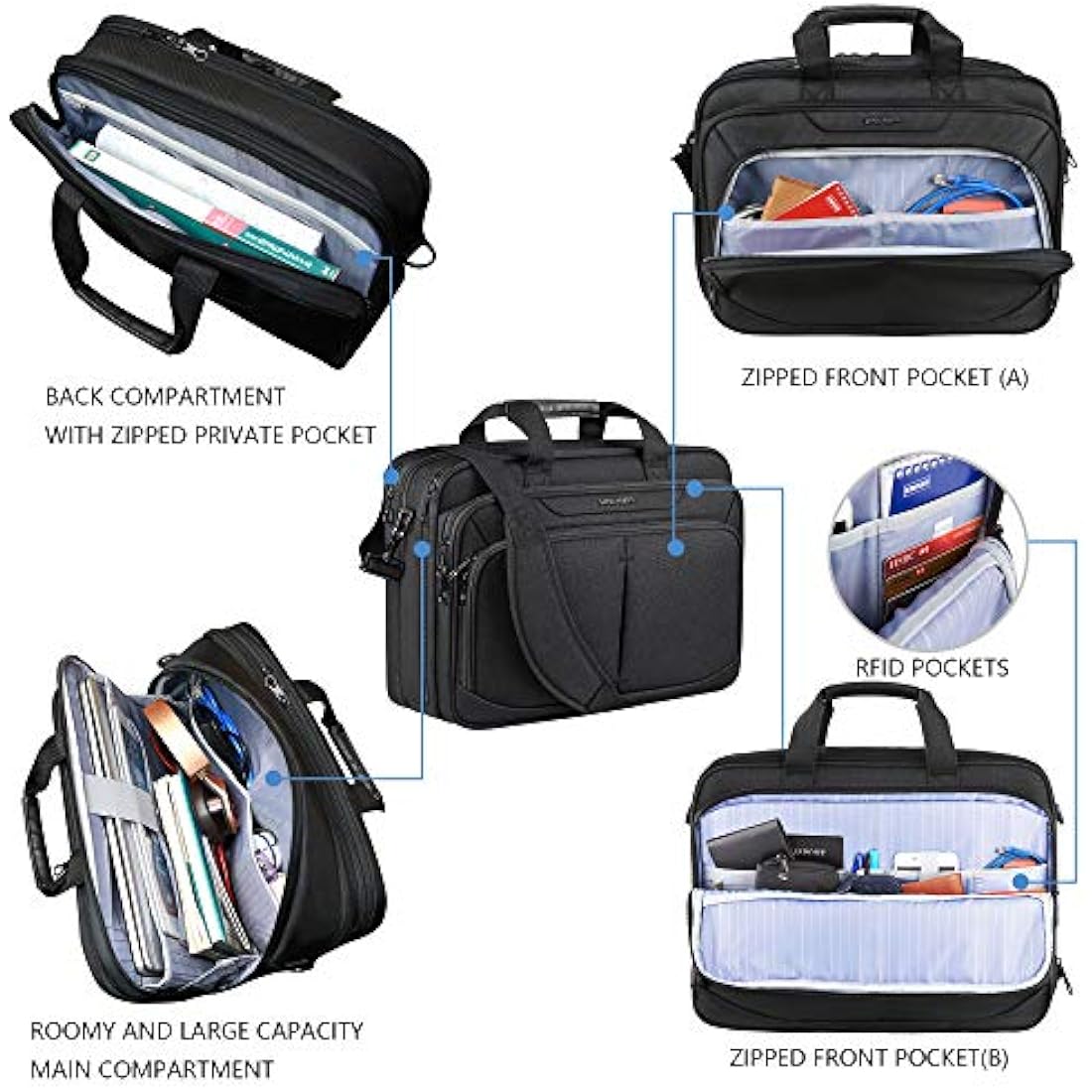 KROSER Laptop Bag Expandable Lightweight Briefcase for 17.3" Laptop Premium Business Work Bag Water-Repellent Messenger Bag with RFID Pockets for School/Travel/Women/Men-Black