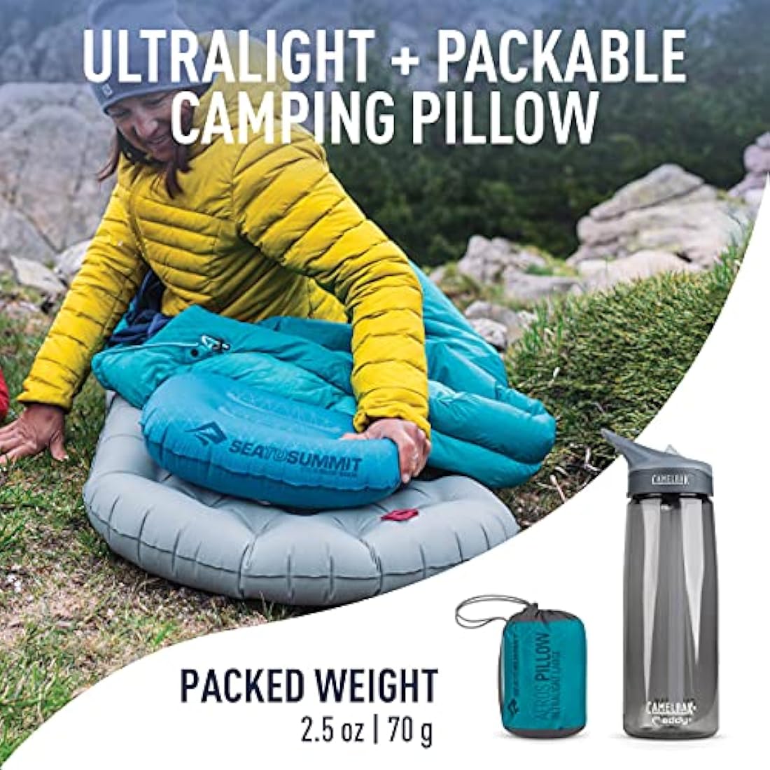 Sea to Summit - Aeros Ultralight Pillow L - Lightest Curved Inflatable Travel Pillow - Stretch-Knit 20D Polyester - Lock System - For Ultralight Backpacking - 44 x 32 x 14cm - Aqua Blue - 70g