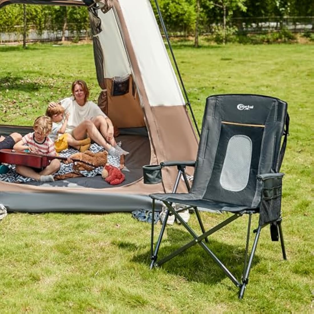 Portal Folding Camping Chair for Adults High Back Heavy Duty 180KG Load Foldable Garden Picnic Festival Collapsible Chair Oversized Hard Armrests Mesh Back Portable for Fishing Beach Patio