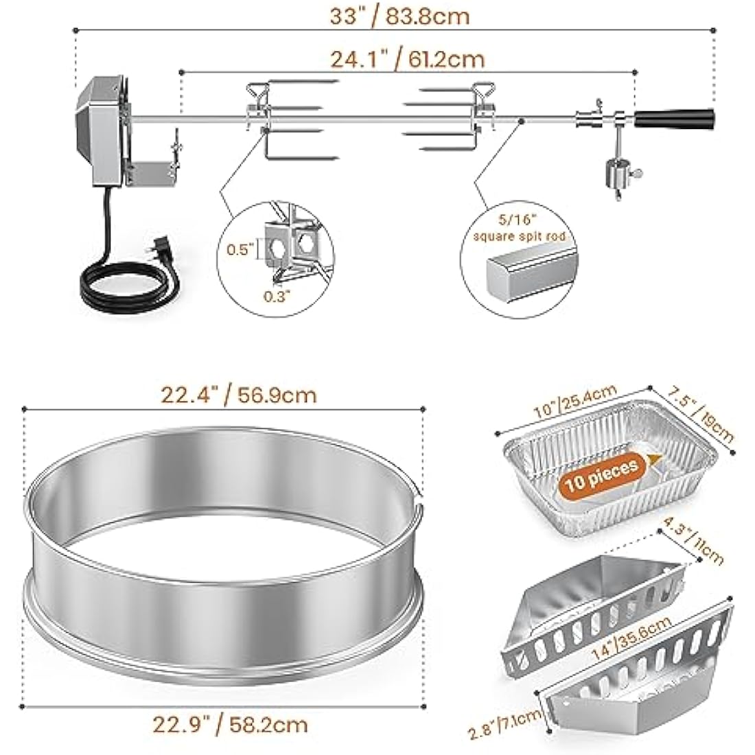 onlyfire BRK-6110 Upgrade Stainless Steel Rotisserie Ring Kit Fits Weber 22-inch Kettle Charcoal Grills,With 2-Pack Charcoal Baskets and 10-Pack Drip Pans,Fits Most Others 57 CM Kettle Grill