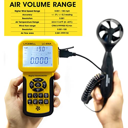 LYCEBELL LC-856A Pro Anemometer with Telescopic Sensor, Wind Speed Meter, Wind Velocity Airflow CFM Meter with Data Storage Back Light LCD for HVAC
