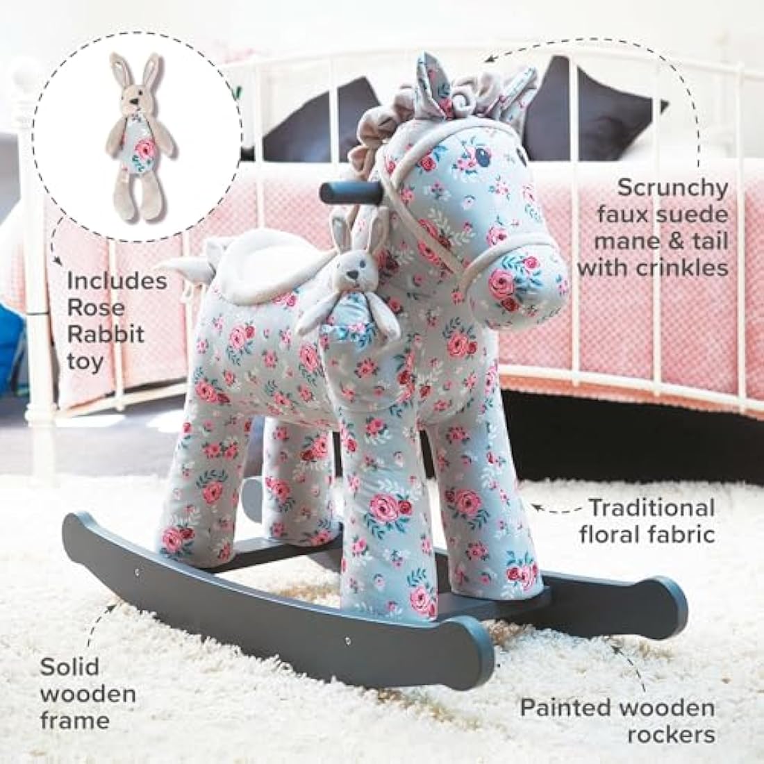 Little Bird Told Me - Lily & Rose Rocking Horse for Toddler 12+ Months Unisex - Grey & Pink Floral Printed Fabric, Solid Wooden Frame & Rockers, Removable Plush Toy - British Brand Since 2007
