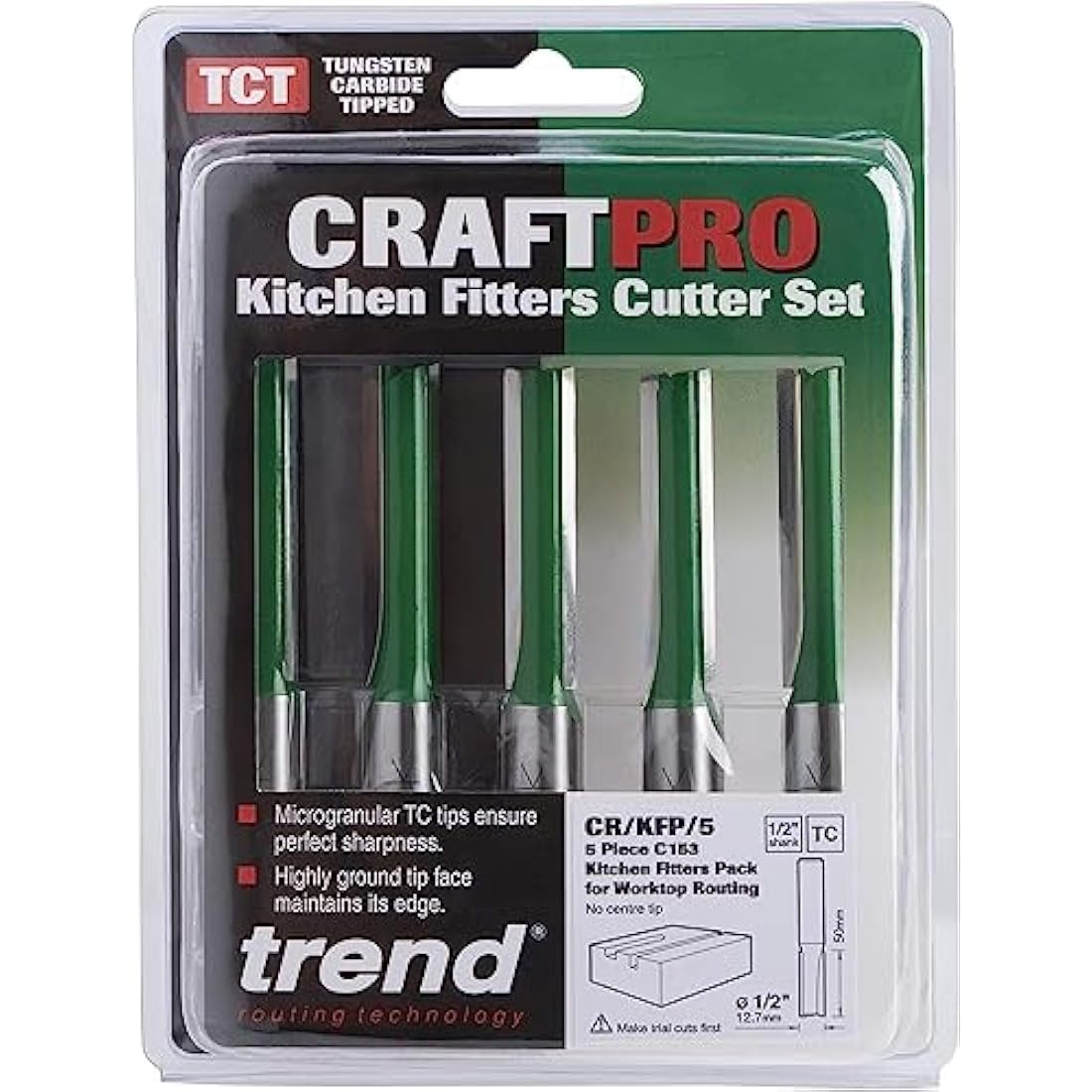 Trend CraftPro Kitchen Fitter Worktop Router Cutter Bit, 1/2 Inch Shank, 12.7mm Cut Diameter & 50mm Cut Length, Pack of 5, Tungsten Carbide Tipped, CR/KFP/5