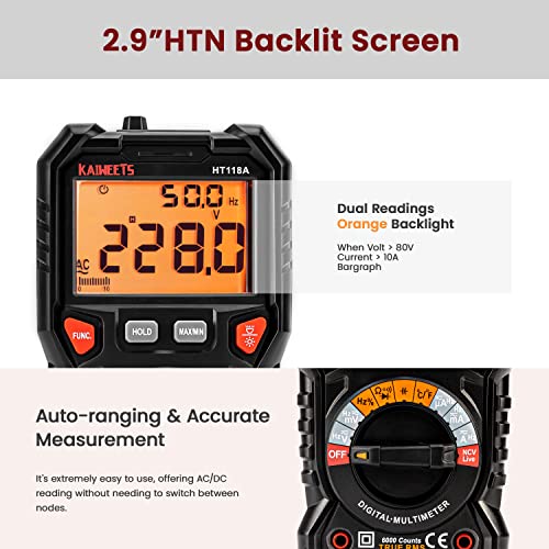 KAIWEETS HT118A Digital Multimeter Professional, T-RMS Autoranging Multitester 6000 Counts Measures AC/DC Current, Voltage, Continuity, Capacitance, NCV, Resistance, Duty, Diodes, Live, LED Jacks