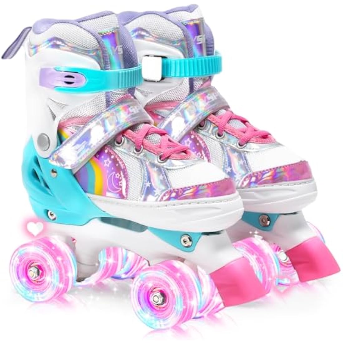OLYSPM Kids Roller Skates for Girls Boys Pro 4-Size Adjustable, Roller boots With 8 Light Up Wheels, Beginner safe Children's Quad Skates - Ideal Christmas Birthday Gift