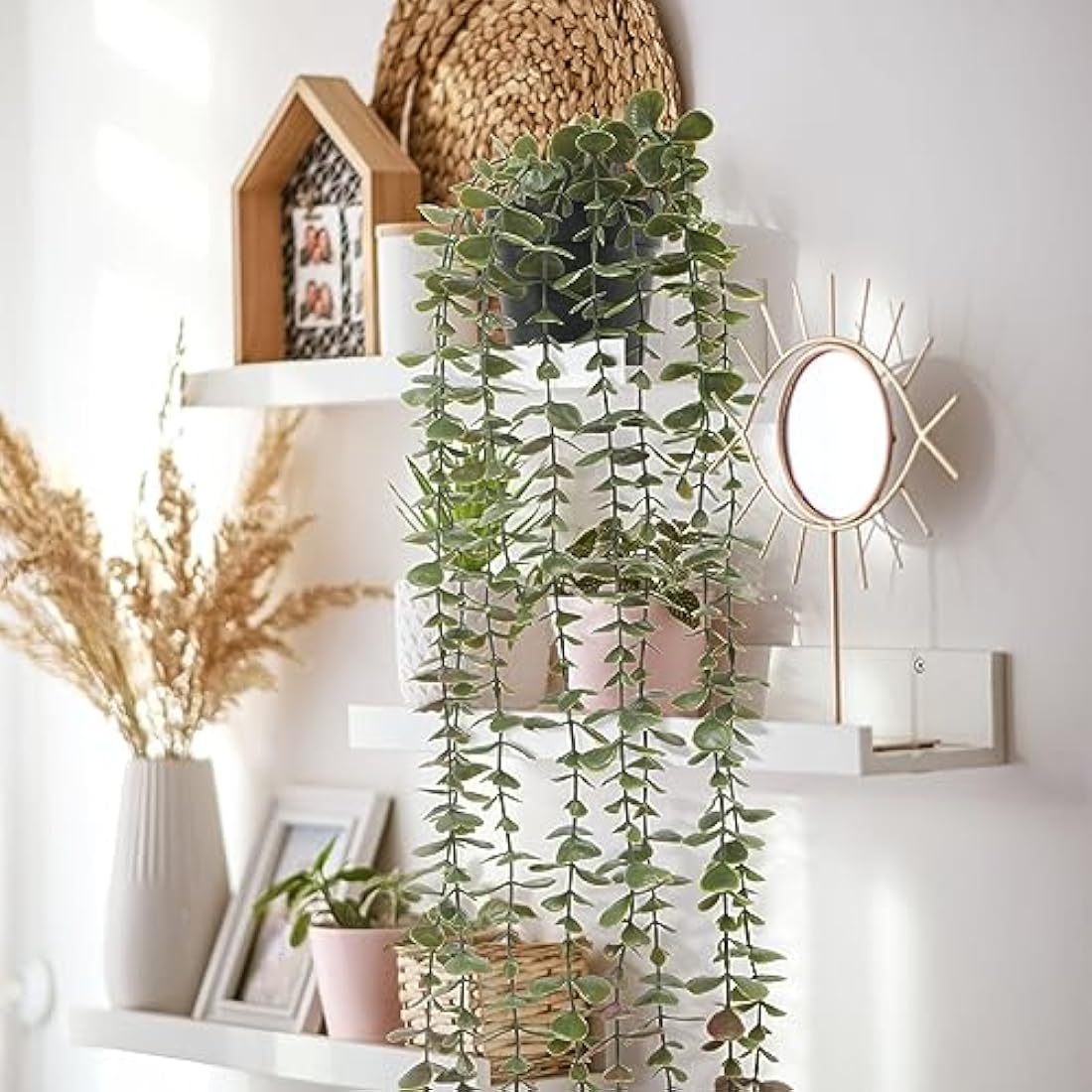 Veryhome 2Pack Artificial Hanging Plants in Potted Eucalyptus Fake Vines Faux Greenery Fake Plants Artificial Eucalyptus Vine in Pot for Wall Room Indoor Outdoor Decoration(Green)