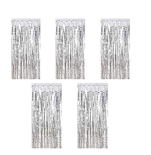Kioneer Metallic Tinsel Curtains - Silver 5 Packs, 3 ft x 10 ft, Large Foil Fringe for Photo Backdrop, Door, Wall, Window, Party, Christmas Decoration
