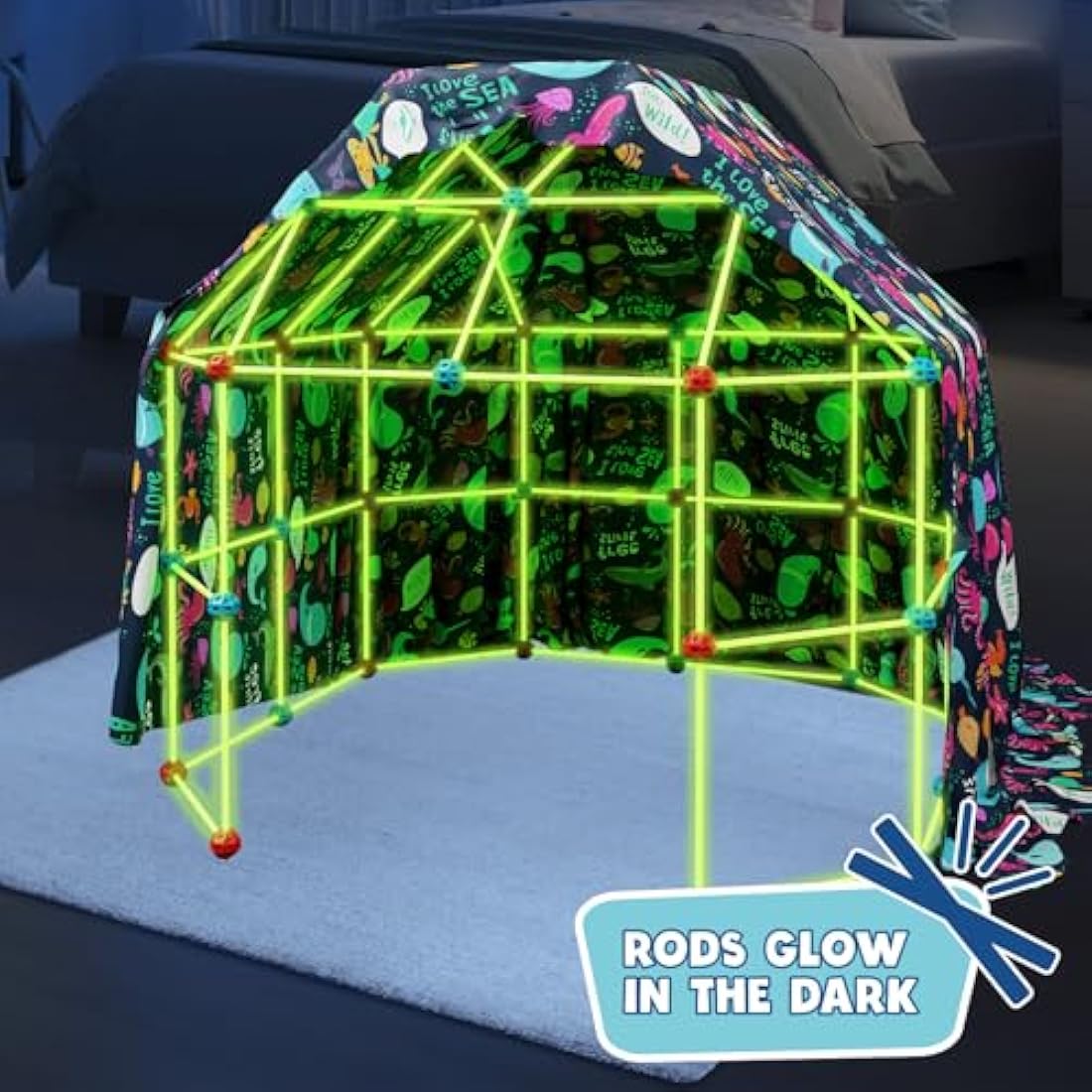 Big Minds - Den Building Kit Glow In The Dark | Fort Building Kits For Kids | Construction Toys Stem 130 Piece | Den Making Kit Infinite Shapes | Den Making Kit | 5 Year Old Girls Gifts |