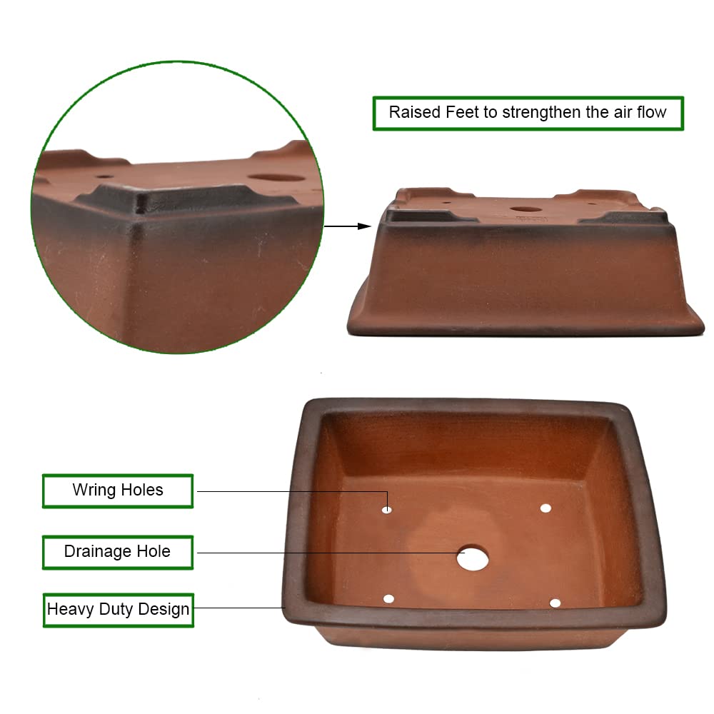 MUZHI Decorative Ceramic Bonsai Planter Pot 8.5 Inch with Tray, Breathable Unglazed Rectangle Terracotta Clay Pot for Tree Succulent Cactus Indoor