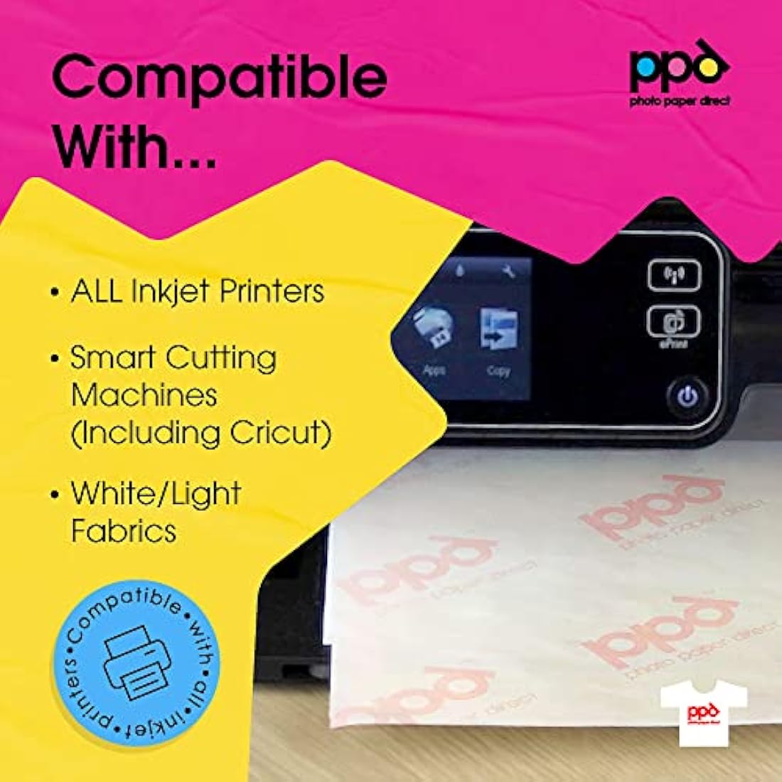 PPD Iron on Transfer Paper for Inkjet Printer for Light Fabric, A4, 8.5x11 Printable Paper for Clothing, T Shirts and Cotton Textiles, Print and Cut Heat Transfer, DIY at Home, Washable (100 Sheets)