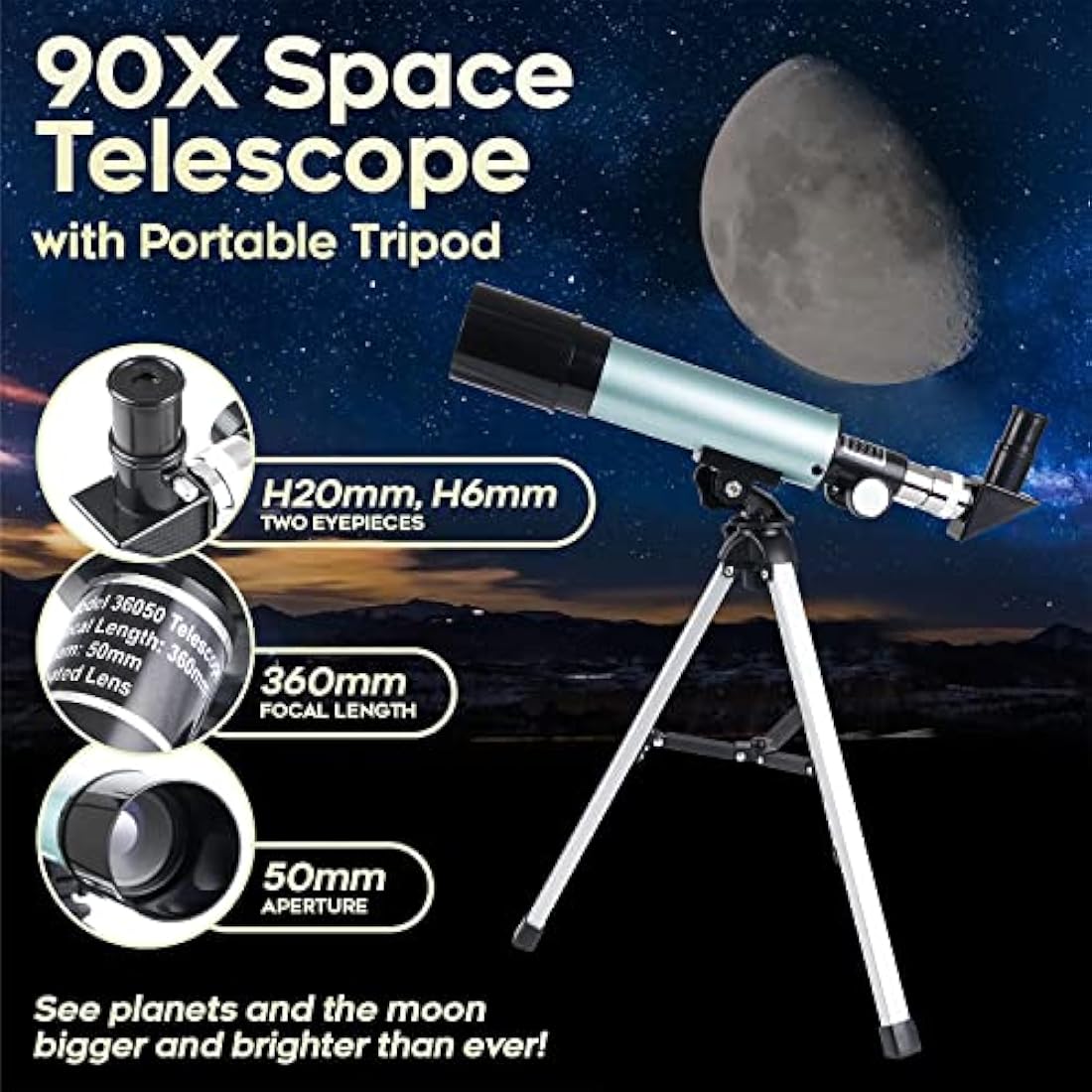Mijiao Telescope for Kids, Astronomical Telescope Zoom 90X HD Outdoor Monocular Space Telescopes Portable Refractor Spotting Scope With Tripod, Telescope for Adults, Kids and Beginner