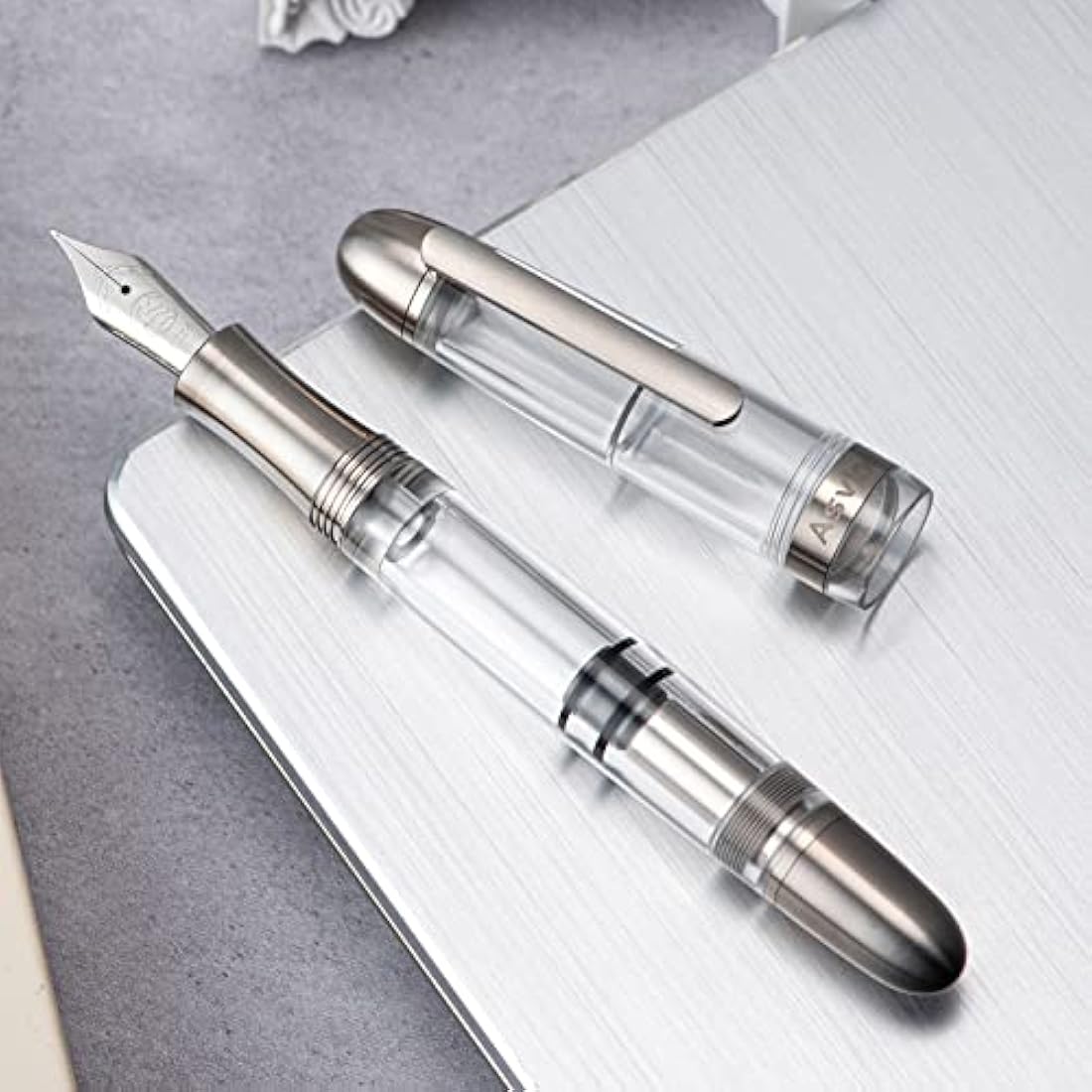 Asvine P36 Titanium Fountain Pen Clear Transparent Acrylic Piston Filling Pen, Bock Broad Nib Smooth Writing Pen Case Set