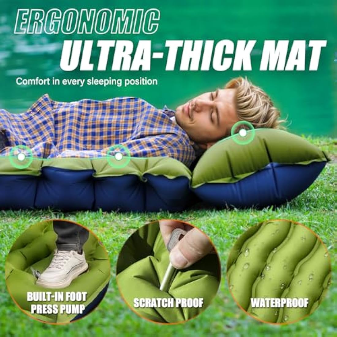 Yuzonc Camping Sleeping Pad, Ultralight Inflatable Camping Mat with Pillow Built-in Foot Pump Portable Inflatable Sleeping Pads Compact for Outdoor Camping, Backpacking, Hiking, Tents