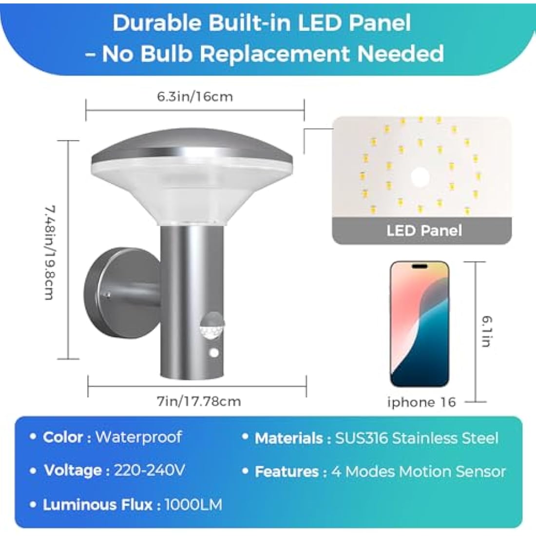 NBHANYUAN Lighting LED Outside Lights Mains Powered with 4 Modes Motion Sensor,SUS316 Stainless Steel PIR Outdoor Wall Light for Patio,Porch,Front Door 3000K Warm Light 220-240V IP54
