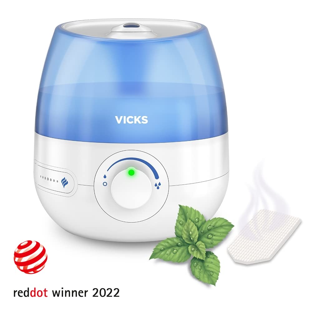Vicks Mini Cool Mist ultrasonic humidifier - Adjustable mist control - 1.8 L Tank - Home use in bedrooms, offices, nurseries - Rooms to 15m2 - Quiet