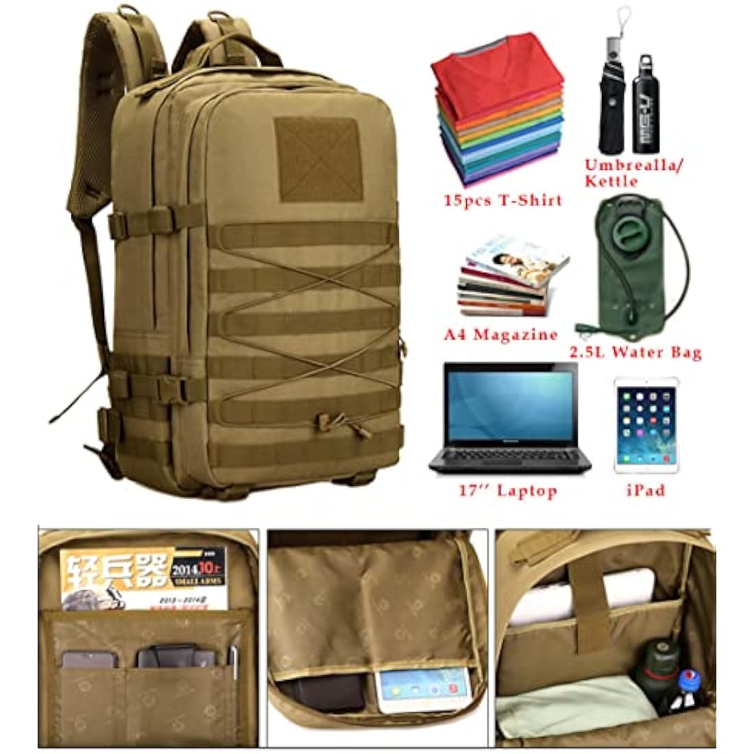 WTiger Tactical Backpack, 45L Hiking Backpack Molle Military Assault Pack 17 inch Laptop Rucksacks Travel Daypack for Outdoor Camping Fishing Trekking Hunting