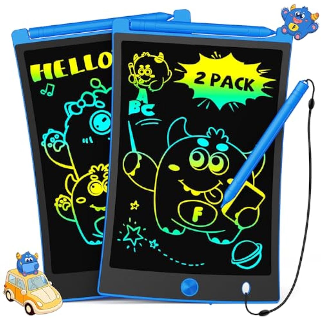 TEKFUN 2 Pack LCD Writing Tablet, 8.5inch Colorful Drawing Tablet for Kids, Erasable Writing Drawing Board with Lanyard, Learning Toys Gifts for 3 4 5 6 7 Years Old Boys Girls Toddlers (2X Blue)